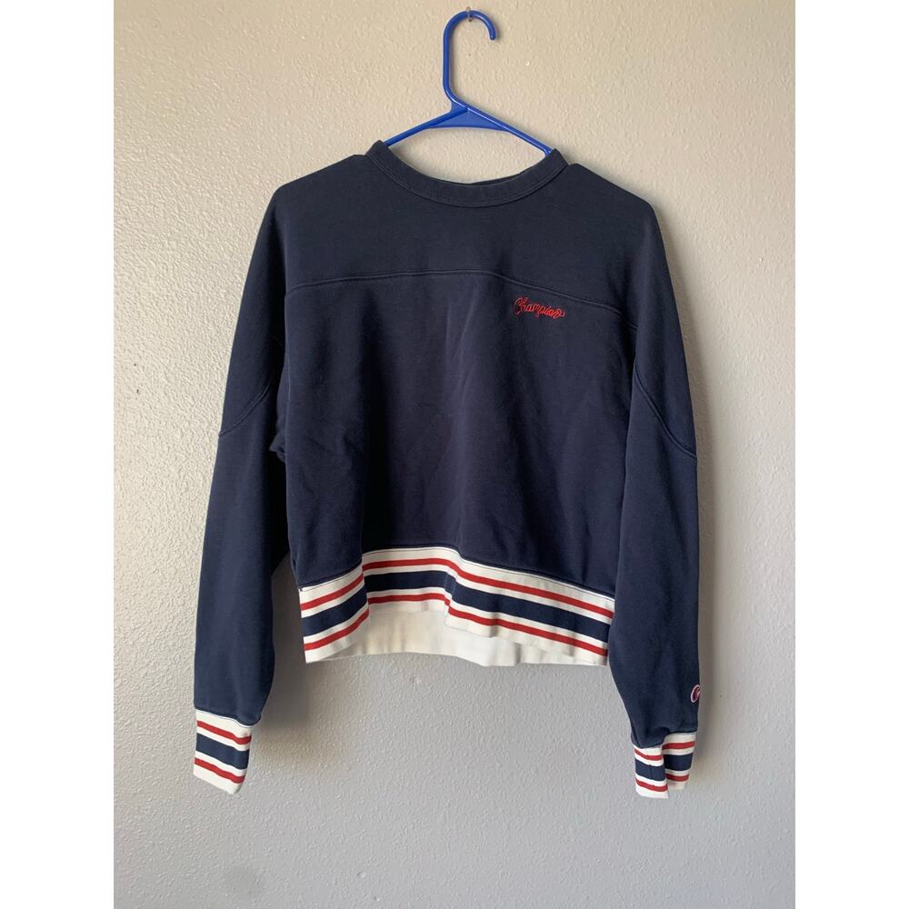 Champion Script Embroidered Crewneck Sweatshirt Navy Red Stripe Size M